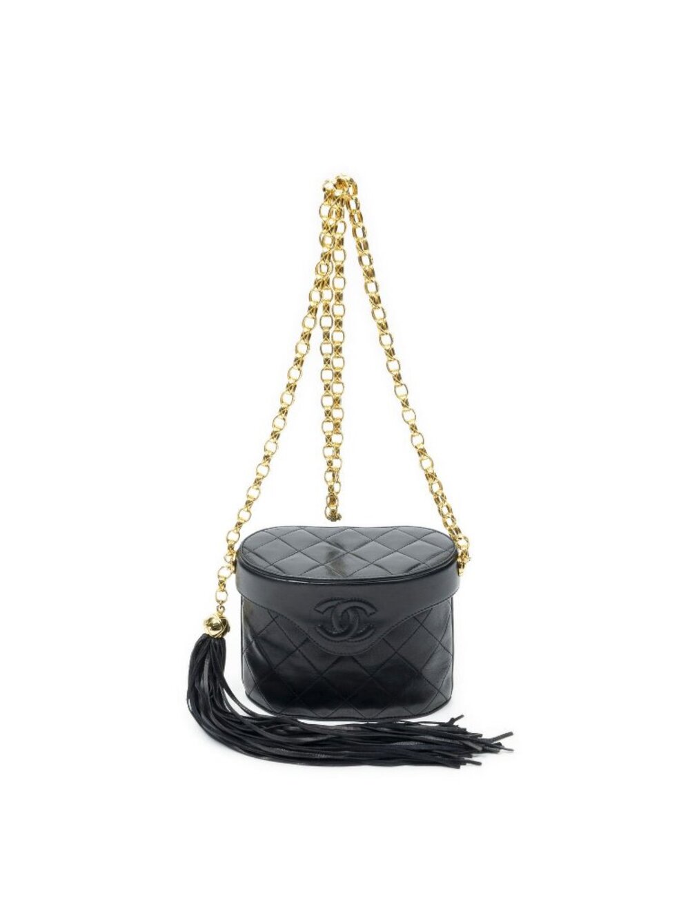 Chanel CC Tassel Mini Bucket Bag Black Quilted Lambskin Leather